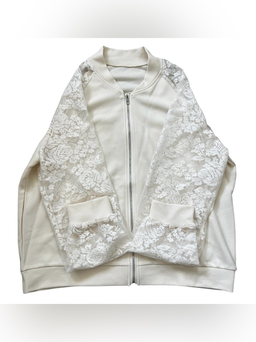 Lace-Sleeve Cream Bomber Jacket by - Picture 2 of 7